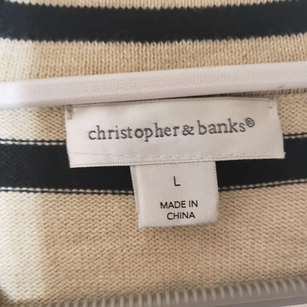 Christopher & Banks Double Breasted Knit Oatmeal Black Stripes Cardigan L NWOT